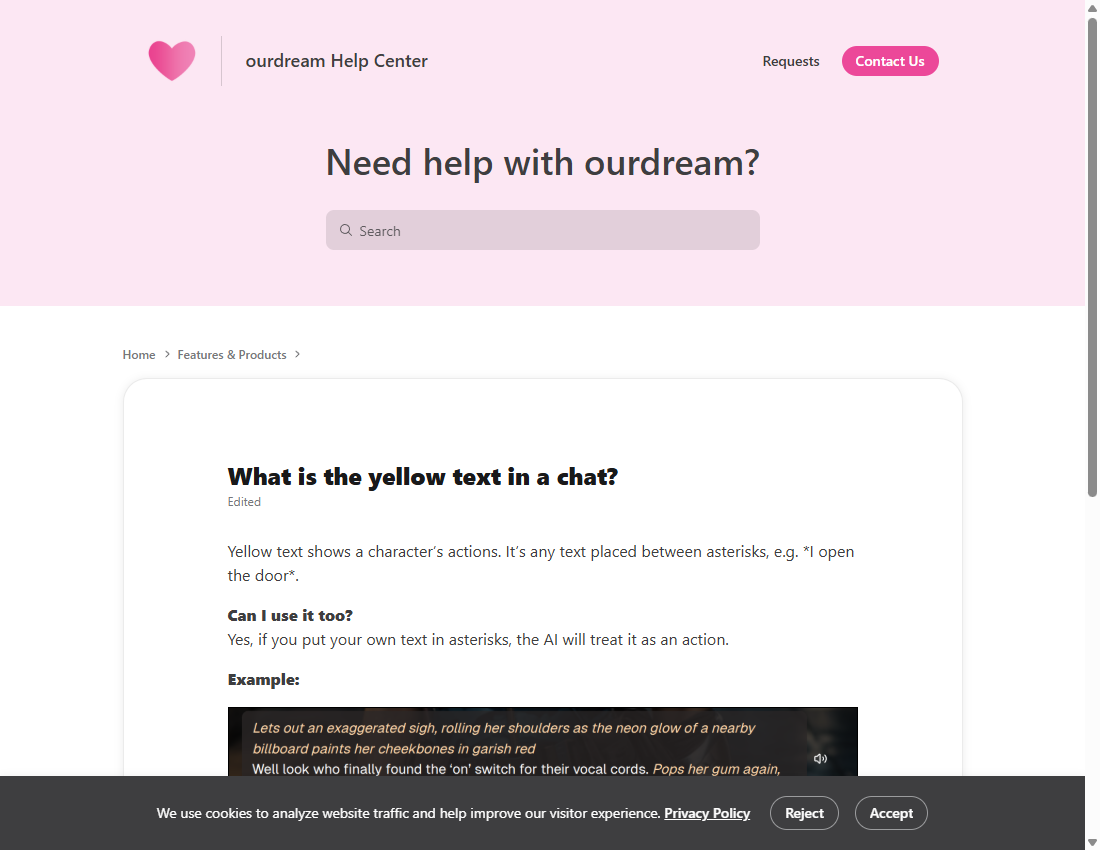 Official OurDream help about yellow action text